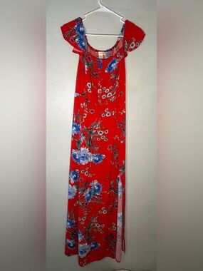 Band of Gypsies Red Floral Maxi Dress with Blue Blossoms